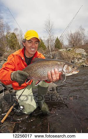 Angler holding a large brook trout (Salvelinus fontinalis); Ontario, Canada View Large Photo Image Stock Photo - Angler holding a large brook trout (Salvelinus fontinalis); Ontario, Canada. Fotosearch