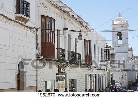 Stock Image - Aniceto Arce Street with San Francisco Church, Sucre, Chuquisaca Department, Bolivia. Fotosearch