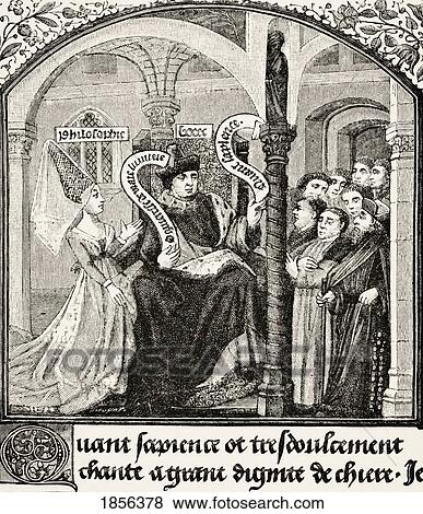 Stock Photo - Anicius Manlius Severinus Boethius 480 To 524 Or 525 Takes Counsel Of Dame Philosophy. After Miniature In 15Th Century Ms Consolation Of Boethius. From Science And Literature In The Middle Ages By Paul Lacroix Published London 1878. Fotosearch