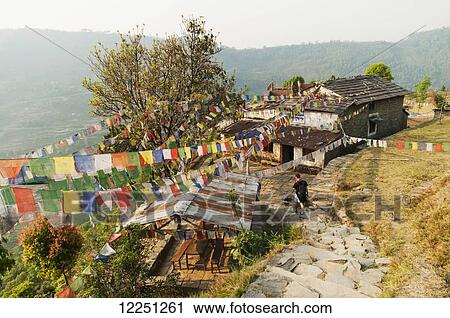 Annapurnas route in Nepal through Gandruk village, a Tibetan house decorated with their traditional 5 colors Tibetan flag; Gandruk, Pokhara, Nepal View Large Photo Image Stock Image - Annapurnas route in Nepal through Gandruk village, a Tibetan house decorated with their traditional 5 colors Tibetan flag; Gandruk, Pokhara, Nepal. Fotosearch