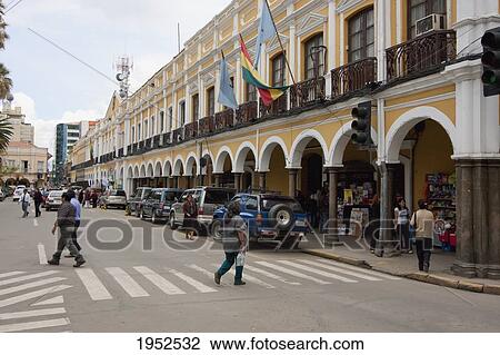 Stock Image - Arcade around Plaza 14 de Septiembre, Cochabamba, Bolivia. Fotosearch