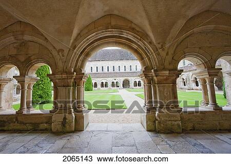 Stock Image - Arcade Surrounding The Cloister Garden Of The Cistercian Abbey Of Fontenay, Cote D'or, France. Fotosearch