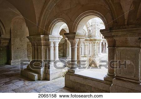 Stock Photo - Arcades Of The Cloister Of The Cistercian Abbey Of Fontenay, Cote D'or, France. Fotosearch