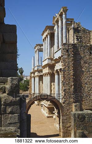 Stock Image - Arch Leading From Wing To The Theatre Stage Of The Roman Theatre Built In The First Century B. C.; Merida, Badajoz Province, Spain. Fotosearch