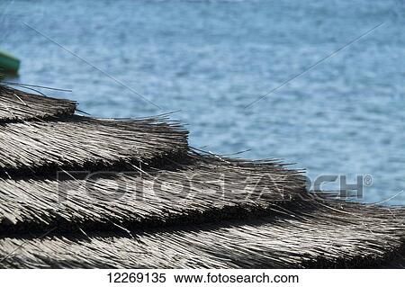 Stock Photography - Architectural details of a thatched roof at the water's edge; Paphos, Cyprus. Fotosearch