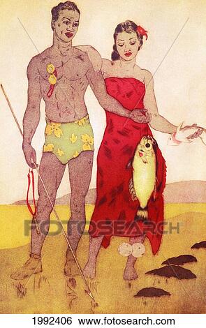 Stock Photograph - Archival Illustration, Native Hawaiian Man And Woman Stand Together Holding Freshly Caught Fish, John Kelly Painting.. Fotosearch