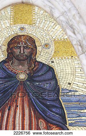 Stock Photograph - Argentina, Cementerio de la Recoleta); Buenos Aires, Recoleta Cemetery (La Recoleta, Close up of mosaic with Christ on tomb. Fotosearch