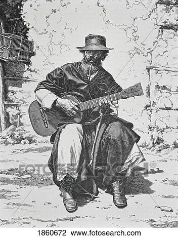 Stock Image - Argentina Gaucho Playing The Guitar Mid 19Th Century Engraving. Fotosearch