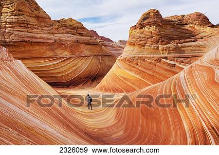 Arizona, Page, North Coyote Buttes, A Hiker Explores The Wave Rock Formation. View Large Photo Image Stock Photo - Arizona, Page, North Coyote Buttes, A Hiker Explores The Wave Rock Formation.. Fotosearch