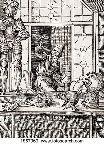 Armourer. 19Th Century Reproduction Of 16Th Century Woodcut By Jost Amman View Large Photo Image Stock Photo - Armourer. 19Th Century Reproduction Of 16Th Century Woodcut By Jost Amman. Fotosearch