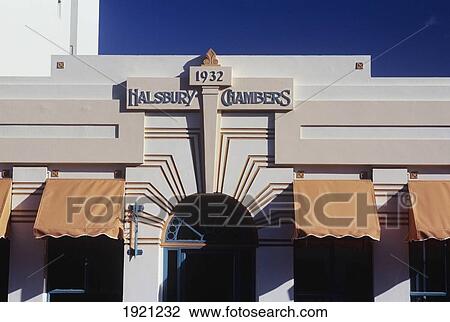 Stock Image - Art Deco Building Facade; Napier, North Island, New Zealand. Fotosearch