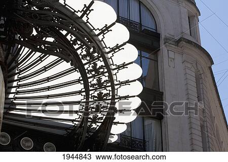 Stock Image - Art Nouveau awning made of cast iron and glass and HSBC bank, Buenos Aires, Capital Federal, Argentina. Fotosearch