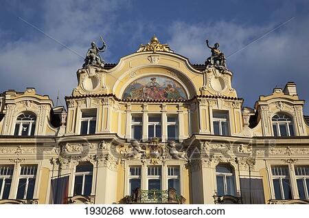 Stock Photo - Art Nouveau buildings lining the Old Town Square, Prague, Czech Republic, Europe. Fotosearch