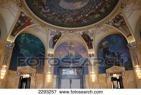 Stock Photo - Art Nouveau painting in the Mayors Parlor in the Obecni dum (Municipal House), designed by Alfons Mucha, Prague, Czech Republic, Europe. Fotosearch
