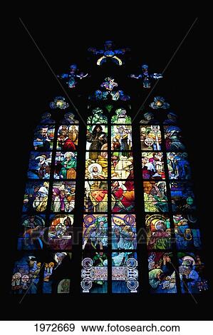 Art Nouveau Stained-Glass Window With The Scenes Of The Christianization Of The Czech Lands In The New Archbishopric Chapel Of St. Vitus Cathedral, Prague, Czech Republic View Large Photo Image Stock Photo - Art Nouveau Stained-Glass Window With The Scenes Of The Christianization Of The Czech Lands In The New Archbishopric Chapel Of St. Vitus Cathedral, Prague, Czech Republic. Fotosearch