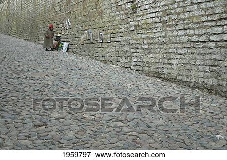 Stock Photo - Art Work For Sale On Long Leg Street In Tallinn, Estonia. Fotosearch