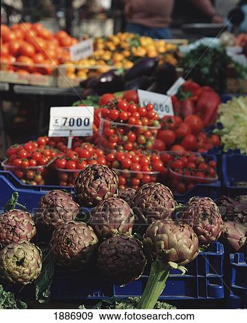 Stock Photo - Artichokes And Tomatoes For Sale At Market, Campo De' Fiori. Fotosearch