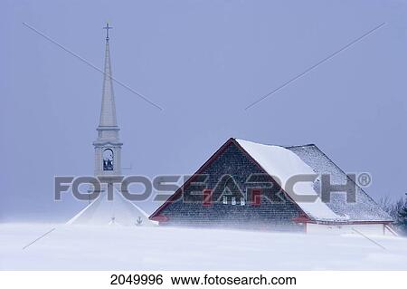 Stock Photograph - Artist's Choice: Top Of A Church And Barn In Winter, Bas-Saint-Laurent Region, Saint-Clement, Quebec. Fotosearch
