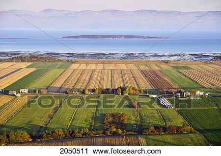 Stock Image - Artist's Choice: View Of Fields, Farms And St. Lawrence River At Sunrise, Kamouraska Village, Bas-Saint-Laurent Region, Quebec. Fotosearch