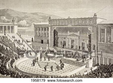Stock Photo - Artists Impression Of A Reconstructed Theatre Of Dionysus, On The Slopes Of The Acropolis, Athens, Greece. From El Mundo Ilustrado, Published Barcelona, 1880.. Fotosearch