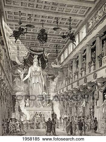 Stock Photography - Artist's Impression Of The Parthenon, Athens, Greece, During The Classical Period. Statue Of The Goddess Athena, Centre. From El Mundo Ilustrado, Published Barcelona, 1880.. Fotosearch