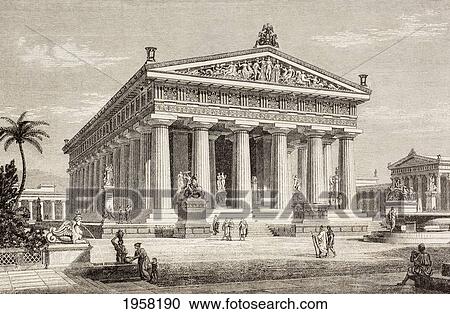 Stock Image - Artist's Impression Of The Temple Of Poseidon, Or Neptune, Paestum, Italy. From El Mundo Ilustrado, Published Barcelona, 1880.. Fotosearch
