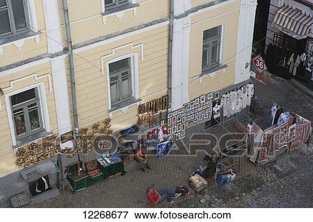 Arts and crafts for sale at market stalls on Andriyivsky uzviz (St Andrew's Descent); Kiev, Ukraine View Large Photo Image Stock Photo - Arts and crafts for sale at market stalls on Andriyivsky uzviz (St Andrew's Descent); Kiev, Ukraine. Fotosearch