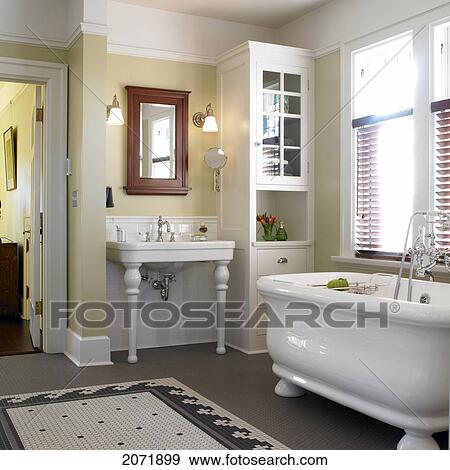 Arts And Crafts Style Bathroom With White Soaker Tub, Victoria, British Columbia View Large Photo Image Stock Photo - Arts And Crafts Style Bathroom With White Soaker Tub, Victoria, British Columbia. Fotosearch