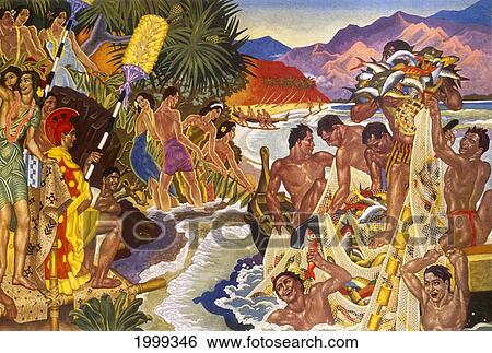 Stock Photograph - Artwork depicting primitive pacific islanders fishing on the coast. Fotosearch