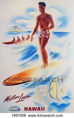 Stock Photo - Artwork of a man surfing in Hawaii. Fotosearch