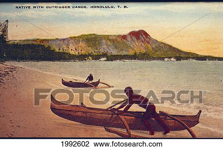 Artwork of a native with an outrigger canoe; Honolulu, Oahu, Hawaii, United States of America View Large Photo Image Stock Image - Artwork of a native with an outrigger canoe; Honolulu, Oahu, Hawaii, United States of America. Fotosearch