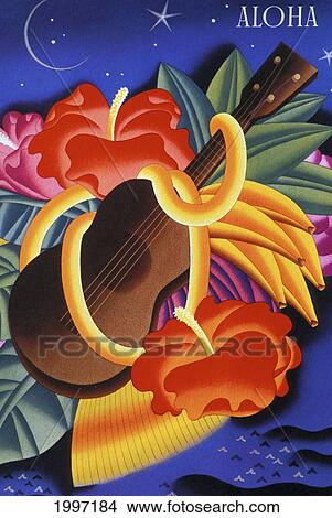 Picture - Artwork of a ukulele wrapped in tropical flowers with the word Aloha. Fotosearch