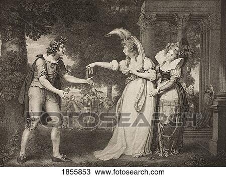 Stock Image - As You Like It. Act I. Scene Ii. Lawn Before The Dukes Palace. Rosalind, Celia And Orlando. From The Boydell Shakespeare Gallery Published Late 19Th Century. After A Painting By J Downman.. Fotosearch
