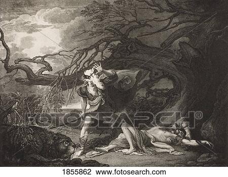 Stock Image - As You Like It. Act Iv. Scene Iii. The Forest. The Rescue Of Oliver As Related By Oliver To Rosalind And Celia. From The Boydell Shakespeare Gallery Published Late 19Th Century. After A Painting By Raphael West.. Fotosearch