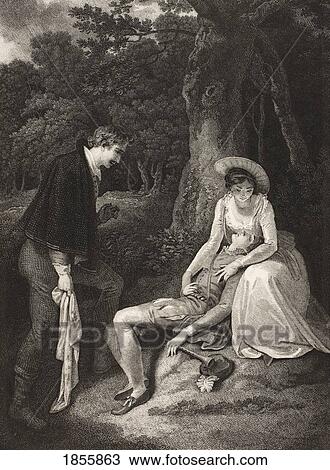 Stock Image - As You Like It. Act Iv. Scene Iii. The Forest. Rosalind, Celia And Oliver. From The Boydell Shakespeare Gallery Published Late 19Th Century. After A Painting By Robert Smirke.. Fotosearch