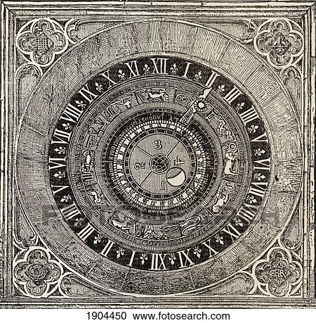 Stock Image - Astronomical Clock In Hampton Court Palace. From History Of Hampton Court Palace In Tudor Times By Ernest Law. Published London 1885.. Fotosearch