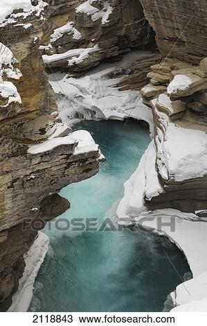 Stock Image - Athabasca Falls In Winter In Jasper National Park; Jasper Alberta Canada. Fotosearch