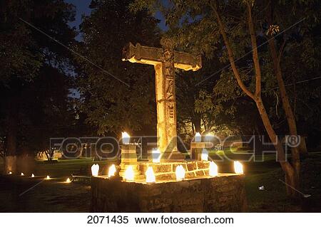 Stock Photography - Atrial Cross In The Olive Garden Of The Santa Ana Convent At Night, Tzintzuntzan, Michoac. Fotosearch