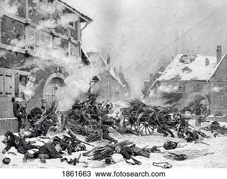 Stock Image - Attack With Fire Of A Barricaded House From 19Th Century Print Of Painting By French Artist Alphonse Marie De Neuville Photogravure By Goupil And Company Incident In The French Prussian War Of 1870 To 1871. Fotosearch