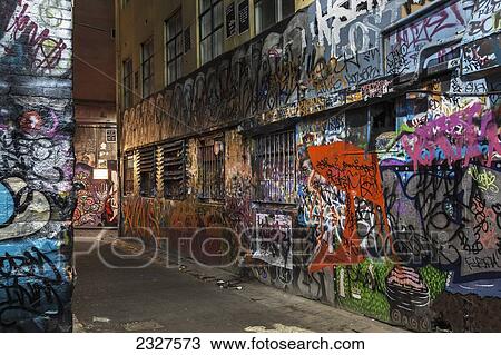 Stock Image - Australia, Victoria, View of street Art Installation on Hosier Lane; Melbourne. Fotosearch
