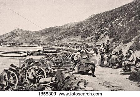 Stock Photo - Australian Troops On Anzac Cove Gallipoli Peninsula Turkey 1915 From The War Illustrated Album Deluxe Published London 1916. Fotosearch