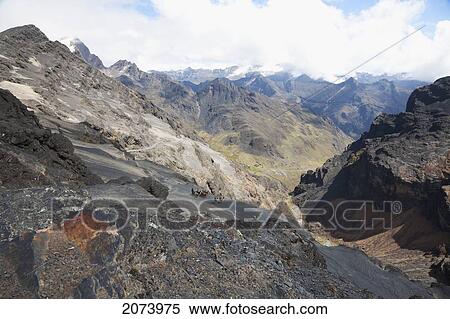 Stock Photography - Aymara Woman And Boy Herding A Llama Train On The El Choro Pre-Columbian Road In The Cordillera Real, La Paz Department, Bolivia. Fotosearch