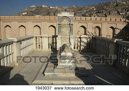 Stock Photo - Babur's Tomb With The Original Headstone And A New Marble Fence After The Restoration Of Bagh-I-Babur Shah (Babur's Garden) - Kabul,, Afghanistan. Fotosearch