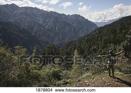 Picture - Backpacker With Outstretched Arms Looks Over A Himalayan Scene. Fotosearch