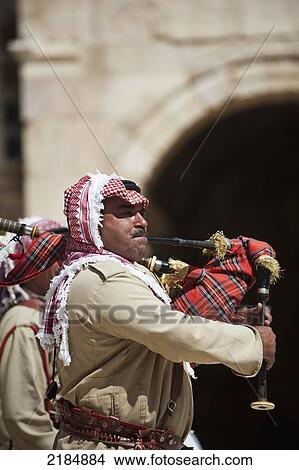 Picture - Bagpipe Player At The South Theatre In Gerasa, The Ancient City Of Jerash, Jordan, Middle East. Fotosearch