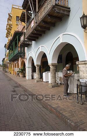 Balconied Colonial Houses, Plaza De Los Coches, Cartagena, Colombia. View Large Photo Image Stock Photography - Balconied Colonial Houses, Plaza De Los Coches, Cartagena, Colombia.. Fotosearch