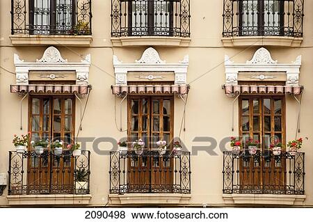 Stock Photo - Balconies With Flowers, San Sebastian, Basque Country, Spain. Fotosearch