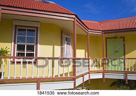 Stock Photography - Balcony And Shops On Front Street; Philipsburg, St. Maarten Island, Netherlands Antilles. Fotosearch