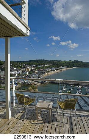 Stock Image - Balcony view of Carmarthen Bay at Saundersfoot from St Brides Spa Hotel. Pembrokeshire. Wales. Cymru. UK. United Kingdom.. Fotosearch