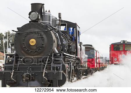 Picture - Baldwin 2-8-0 steam locomotive No. 53 and diesel locomotive of Ferrocarriles del Ecuador, Colta, Chimborazo, Ecuador. Fotosearch